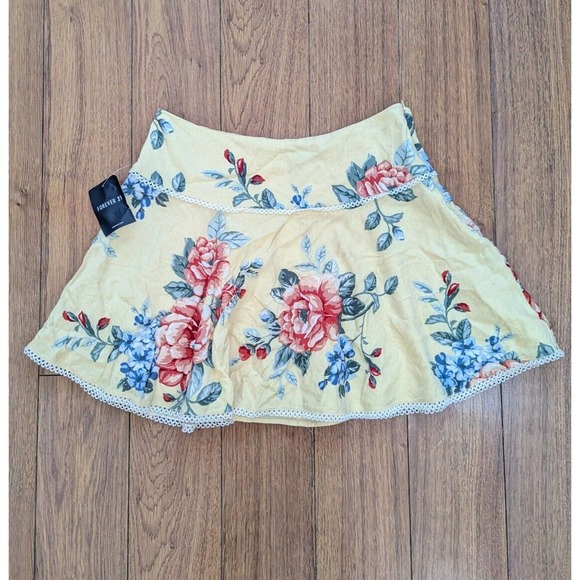 Forever 21 Dresses & Skirts - Forever 21 Linen Skirt Yellow Floral Crochet Cottagecore Flare Skater 90s Sz L